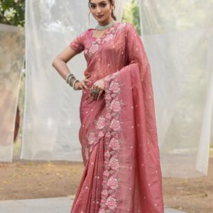 Women's Pristine White Organza Saree with Exquisite Pink & Green Floral Thread Embroidery β Complete with Matching Embroidered Blouse for Festive & Summer Wear